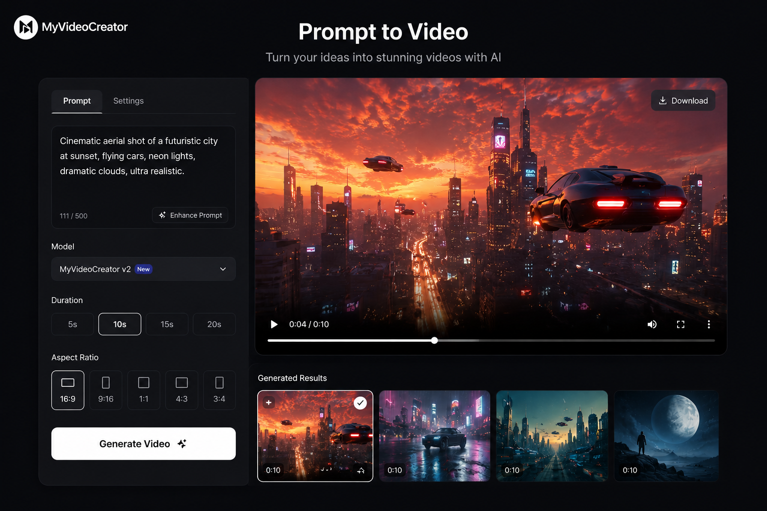 The MyVideoCreator studio — one prompt box, no timeline